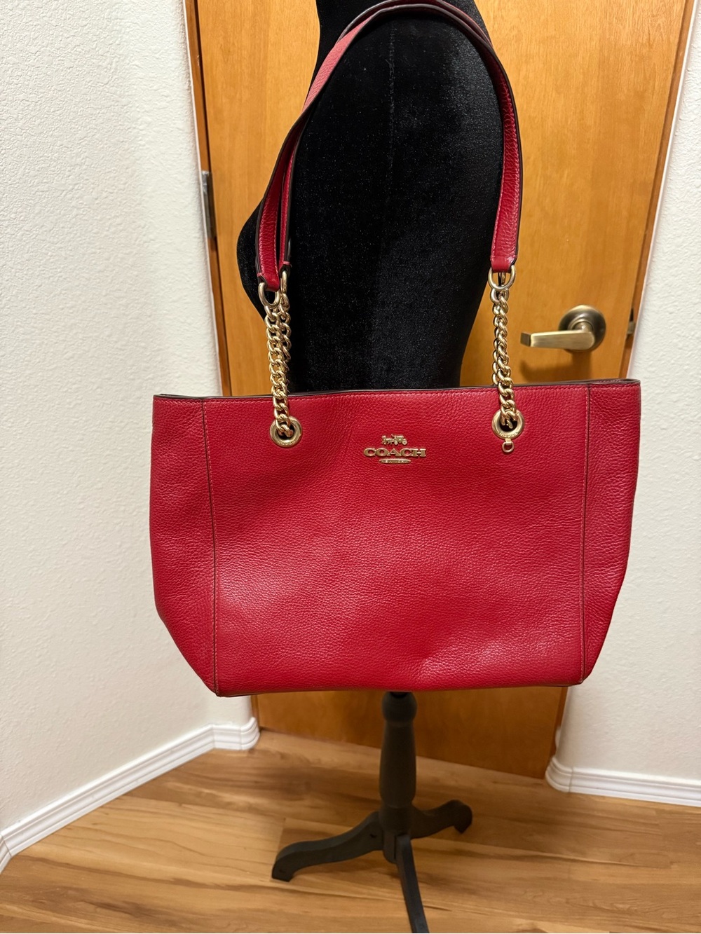 Coach Red Pebble Leather Tote with Gold Chain Straps